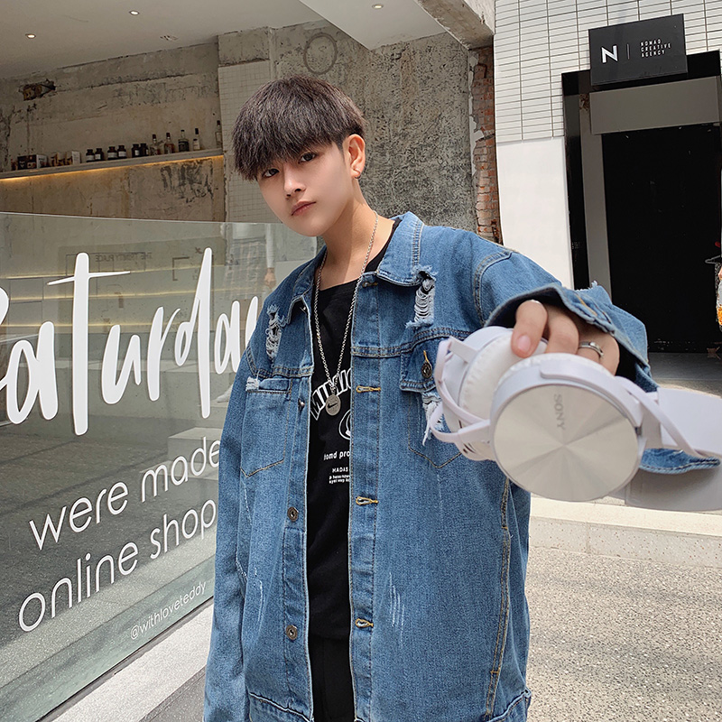 Breaking lỗ denim jacket nam phiên bản Hàn Quốc của Hồng Kông Gió 2019 mùa xuân mới và mùa thu loose-fitting áo khoác xu hướng thời trang thương hiệu cổ điển áo khoác.