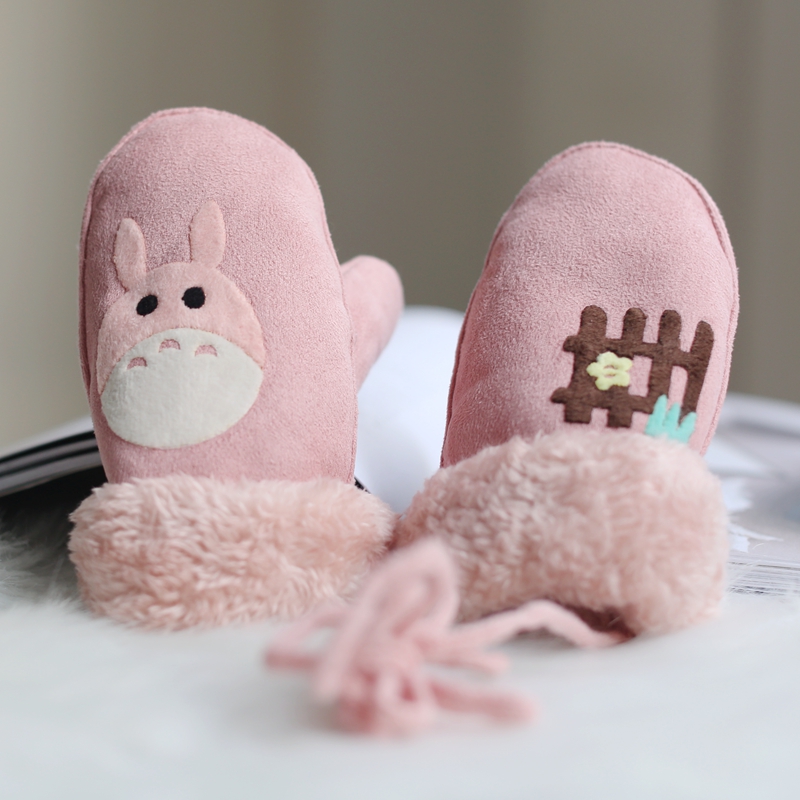 Thickened warm autumn and winter boys and girls, toddlers, babies, children, cute plus velvet belt rope hanging neck gloves for children 1-3