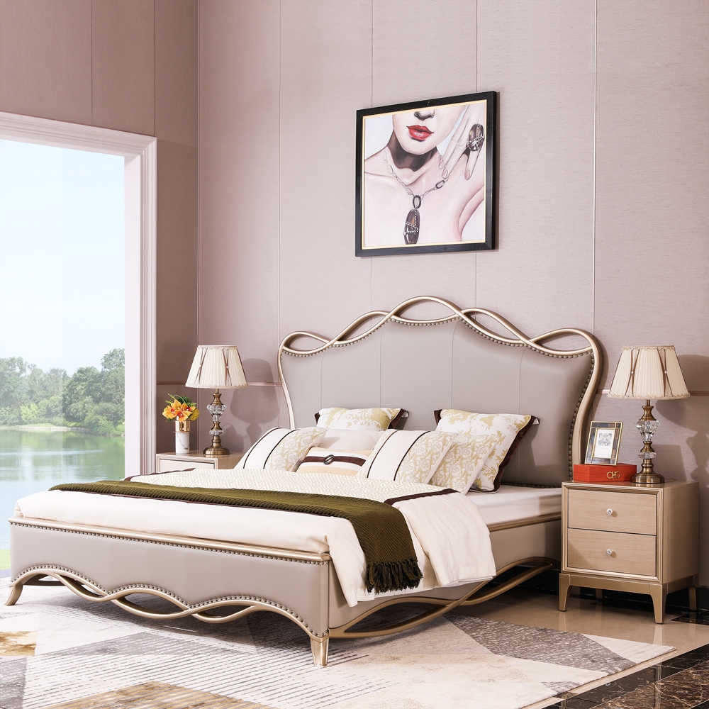 American Light Extravagant Solid Wood Double Bed 1 8 Master sleeper INS Wedding Bed Villa Champagne Gold Leather Art Fabric Eurobed Head Cabinet