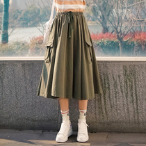 Japanese retro army green pocket mid-length Japanese frock skirt Female student high waist loose A-line skirt