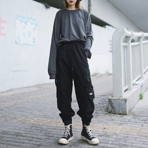 Multi-pocket functional style womens dark black loose overalls handsome cool street bf spring and autumn thin drawstring pants