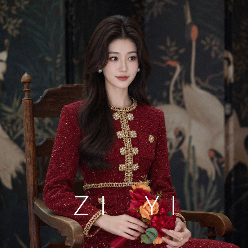 Chanel-Style Red Sequin Dress for Women, Long-Sleeved with Metallic Embellishments, Light Luxury and Elegant Engagement Dress, Banquet Toast Dress