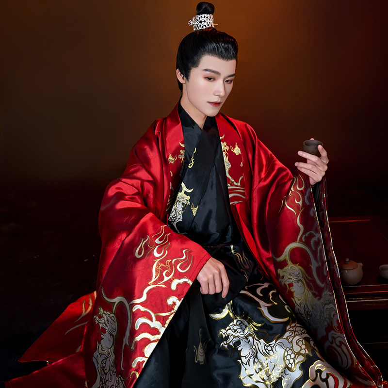 Dreamlike Hanfu Men's Ming-Style Robe Spring and Autumn Style Gold-Woven Cape Cross-Collar Chinese Style Non-Traditional Costume White Ze Ready Stock