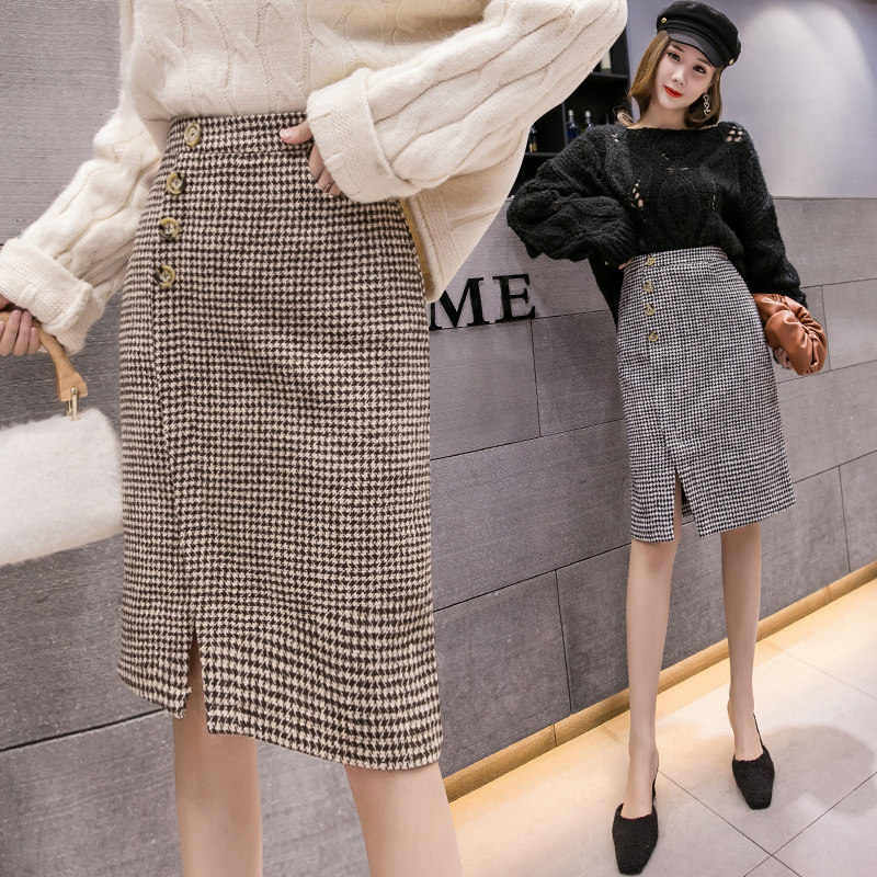 Houndstooth Wool Skirt Women's Autumn and Winter New Retro Slit Plaid Arm Skirt Medium Length High Waist One Step Skirt