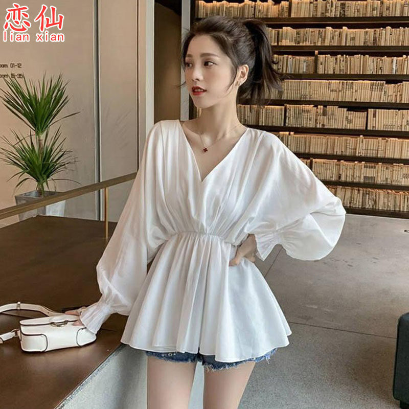 Foreign Pie blouse Thin Horn Sleeves Temperament Base Snow-spinning Cardiovert Waist Shirt Cover Belly Long Sleeve Small Shirt Woman Shirt