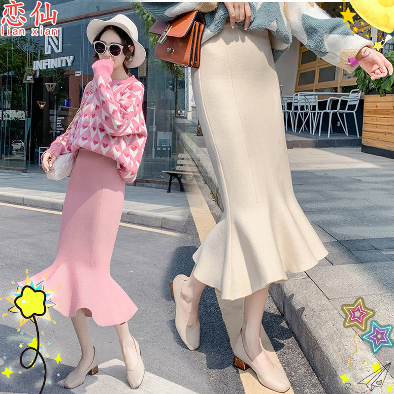 2022 autumn winter new lotus leaf lace knit half-body dress with long version high waist display slim fit arm long dress a word fish tail dress