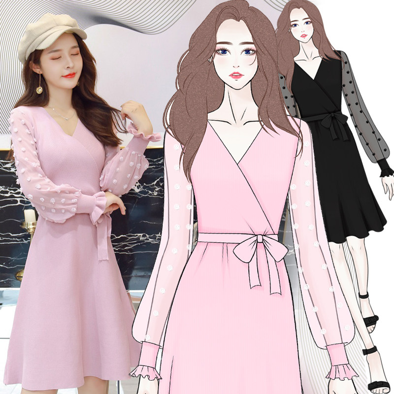 Knitted Ocean Dress Woman Han Edition 2021 New Mesh Yarn Big Size Dress With Loose Body Sweaters Long Sleeve Autumn Winter Dress