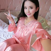 Spring and summer heat pin simulation silk sleepwear Han version of female V collar lace lace sleeve head up and down suit silk Home Residence Clothes