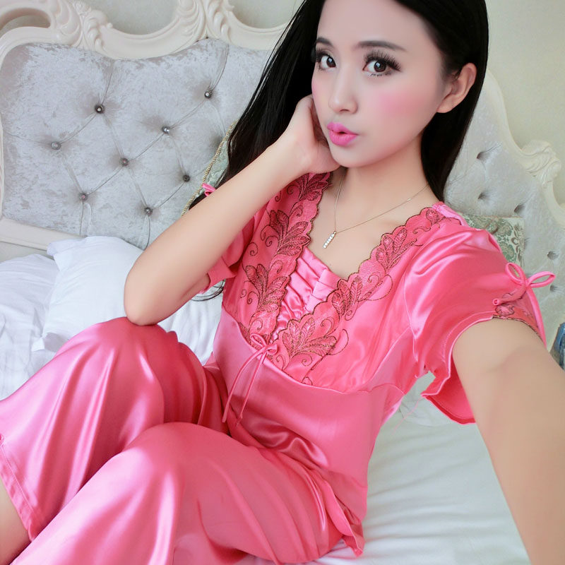 Pajamas women's summer simulation silk short-sleeved five-point pants two-piece suit silk home clothes thin section sexy silk spring and autumn