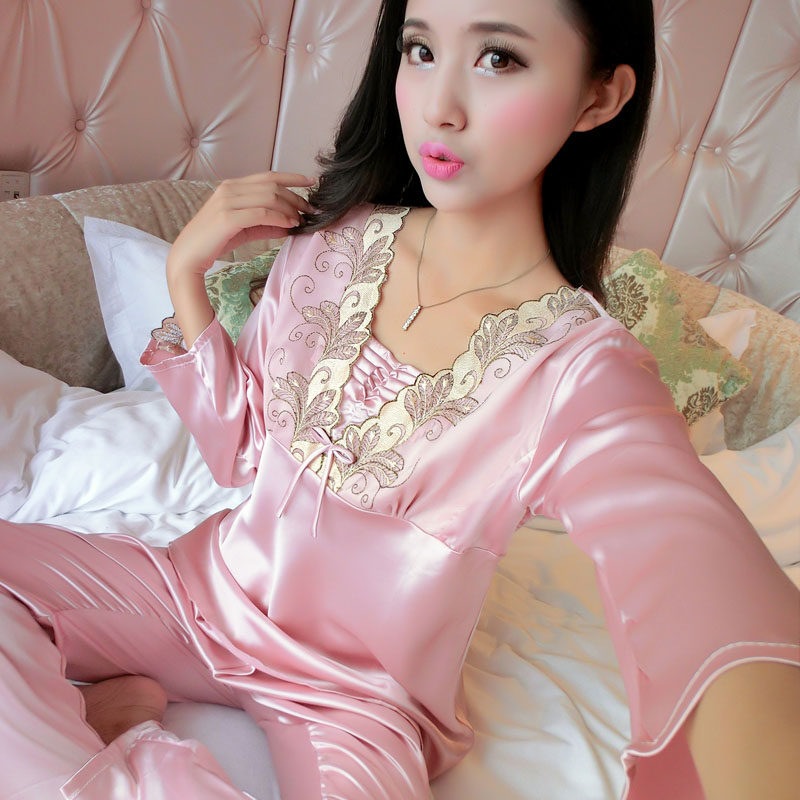 Summer new thin section Silk big code ladies Long sleeves suit Spring summer thin Sleeping Clothes Sexy Home Clothes two sets-Taobao