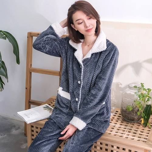 Демисезонная пижама, коралловый бархатный кардиган, фланелевый лонгслив, комплект, увеличенная толщина, в корейском стиле, свободный крой