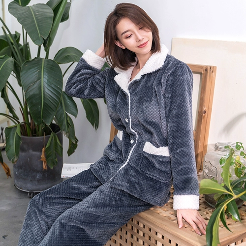 Демисезонная пижама, коралловый бархатный кардиган, фланелевый лонгслив, комплект, увеличенная толщина, в корейском стиле, свободный крой