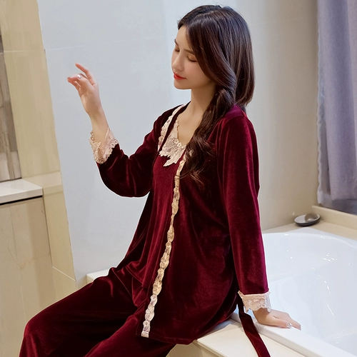Бархатная демисезонная кружевная пижама, сексуальный бархатный комплект, коралловый лонгслив, лебедь, эффект подтяжки, 3 предмета