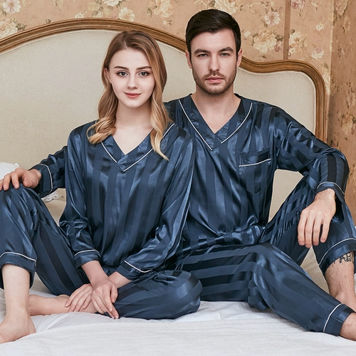 Сексуальная шелковая пижама для влюбленных, мужской тонкий весенний летний лонгслив, комплект, V-образный вырез