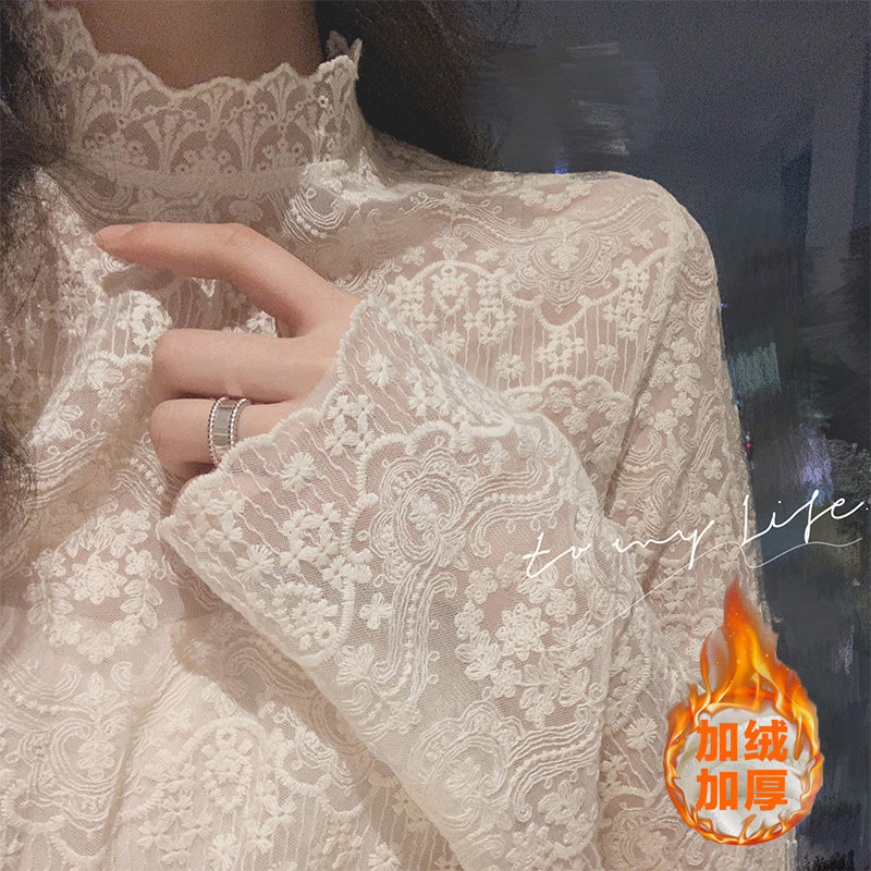 Кружевная рубашка женская весна, осень и зима 2025, новый стиль в западном стиле, плюс бархатная утолщенная рубашка с полувысоким воротником, топ с длинными рукавами