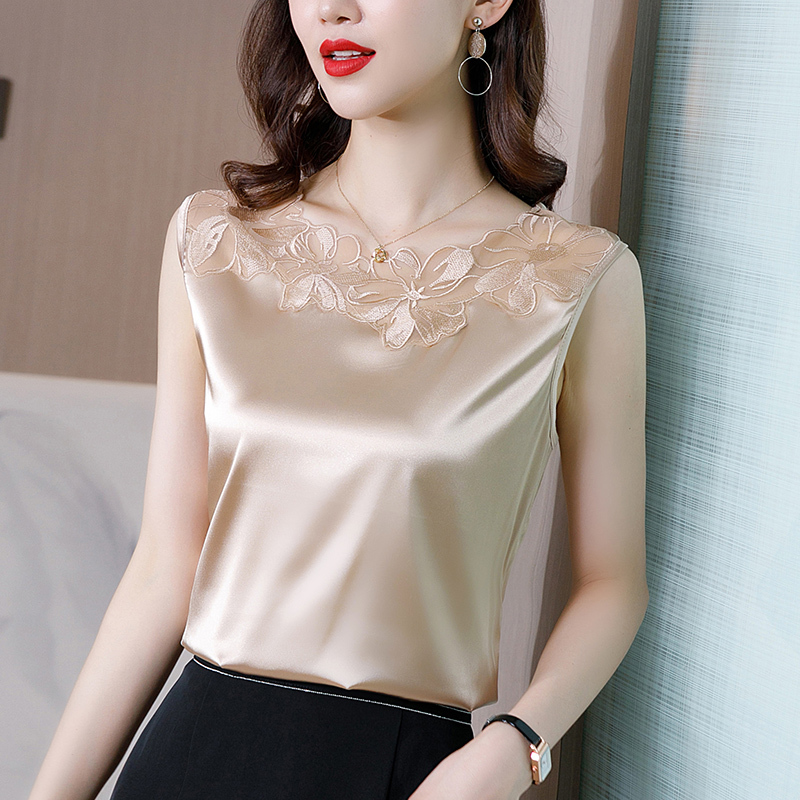 Brand Lace-Trimmed Silk Camisole for Women, Summer Inner Wear, Spring and Autumn Suit Base Layer, Loose Satin Sleeveless Top