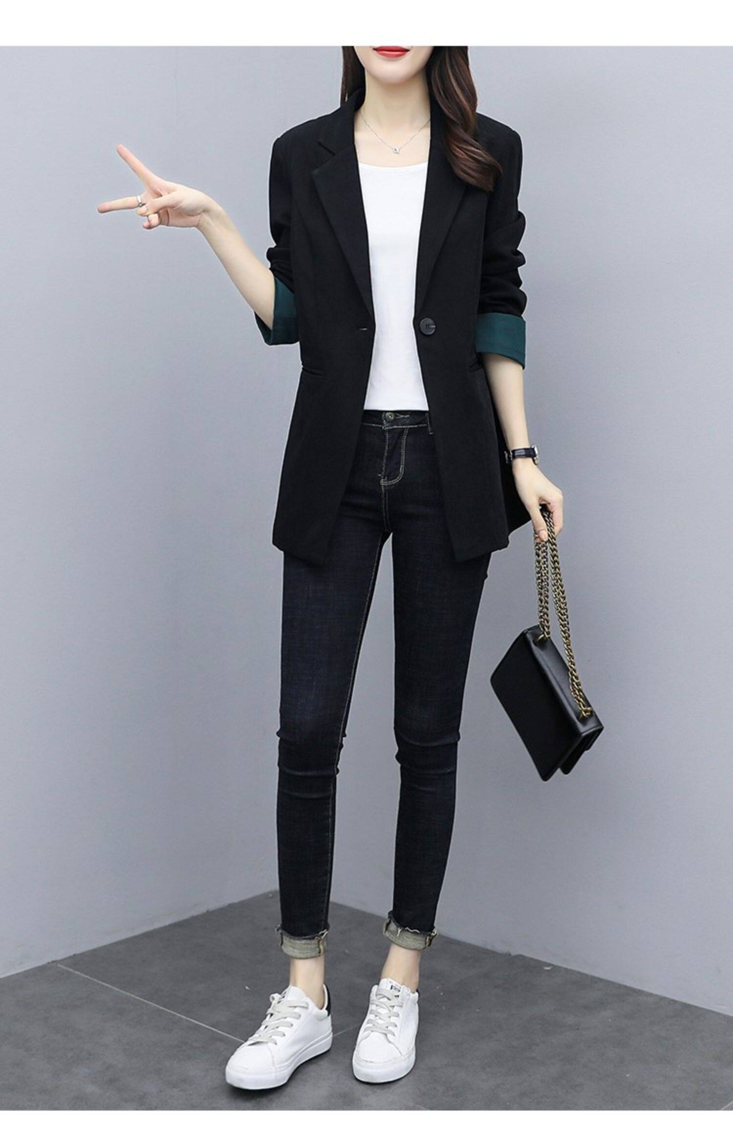 Костюм, весенняя осенняя тонкая куртка, черный кардиган, коллекция 2023, подходит для подростков 