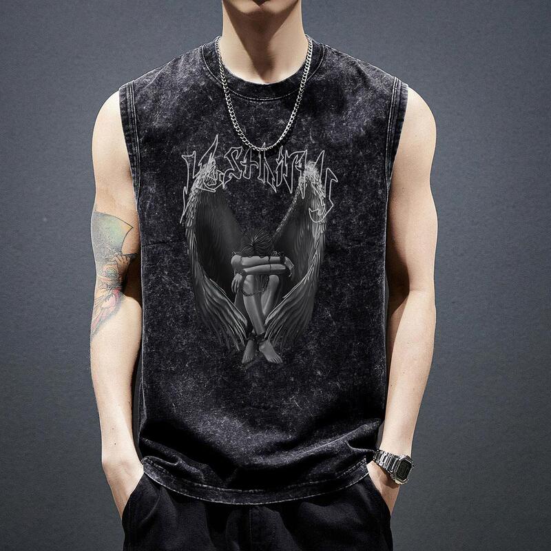 Sleeveless T-Shirt Men's Vest Washed Vintage Men's Printed Short-Sleeve Men's Popular Style 2025 New Pure Cotton Sleeveless T-Shirt Men's Vest Washed Vintage Men's Printed Short-Sleeve Men's Popular Style 2025 New Pure Cotton