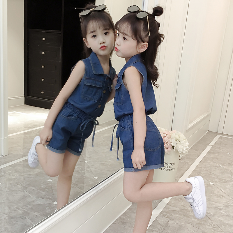 Girls summer denim suit 2021 new foreign style Korean version of children's fashion net red children's clothing 12-year-old two-piece set
