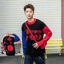 Semi-turtleneck sweater mens autumn and winter lazy wind color color love letter geometry fried street couple knitted sweater tide