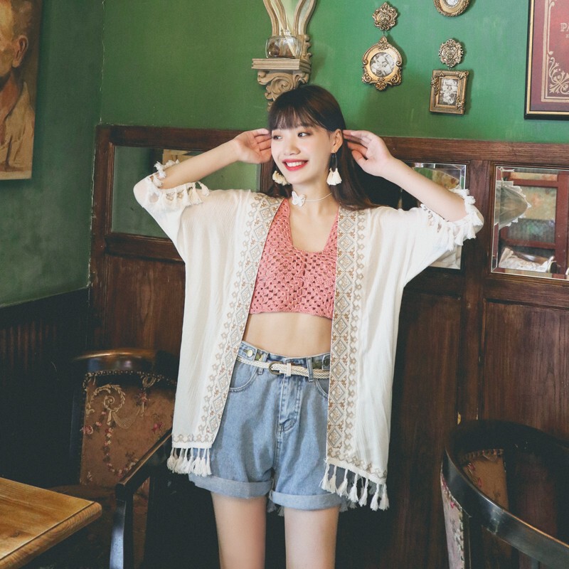 Bohemian Style Embroidered Sun Protection Cardigan for Women, Thin Shawl Jacket Paired with a Slip Dress, Outerwear Cover-Up for Vacation