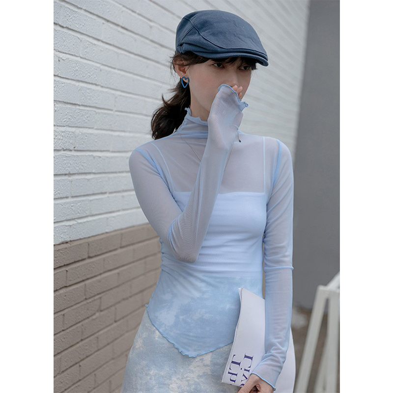 Ice Silk Mesh Base Shirt for Women, Summer Slim Fit Inner Wear, Long-Sleeved Sheer Transparent Cover-Up, Sun Protection T-Shirt, Trendy Top