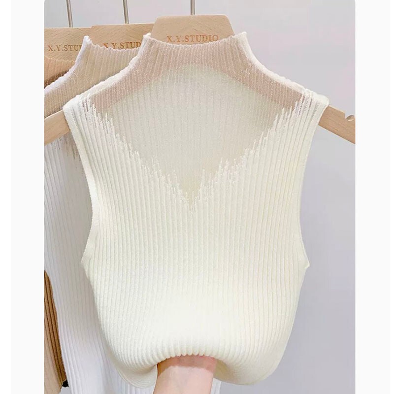 Lace Fake Collar Versatile Women's Fake Collar Autumn and Winter Sweater Inner Layer Sleeveless Knitted Vest White High-Neck Mesh Top