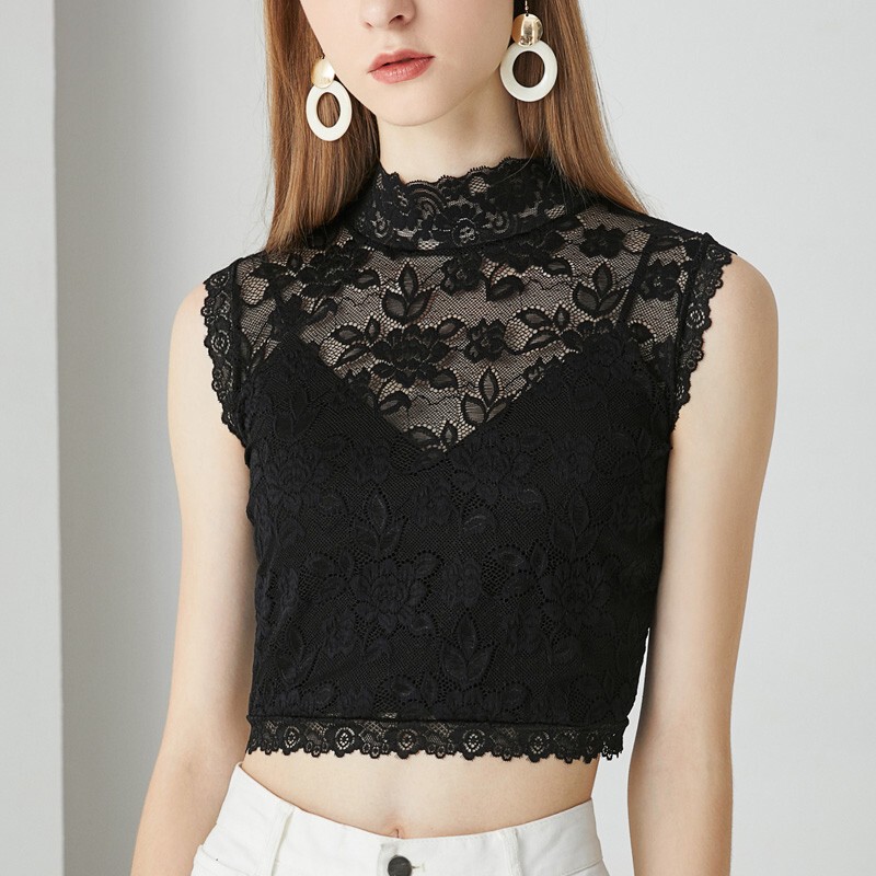 Half-High Collar Lace Base Shirt for Women 2026 New Autumn and Winter Suit Inner Layer Vest Fake Collar Black Mesh Top
