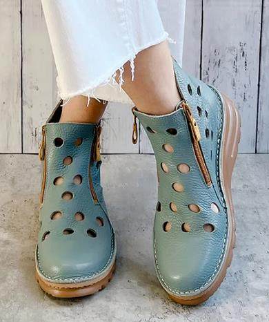 ເກີບກະເປົ໋າຫົວຮູໃຫຍ່ແບບຍີ່ປຸ່ນທີ່ເຮັດດ້ວຍໜັງແທ້ ໜັງ cowhide zipper thick-soled wedge-heeled women's shoes breathable short boots with free shipping