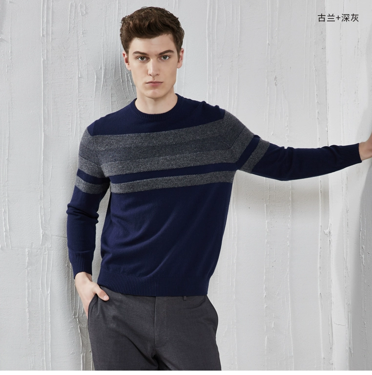 METTE mùa thu và mùa đông mới sọc ngang màu jacquard tương phản vòng cổ áo len cashmere nam trẻ trung ấm áp đan áo len - Áo len Cashmere