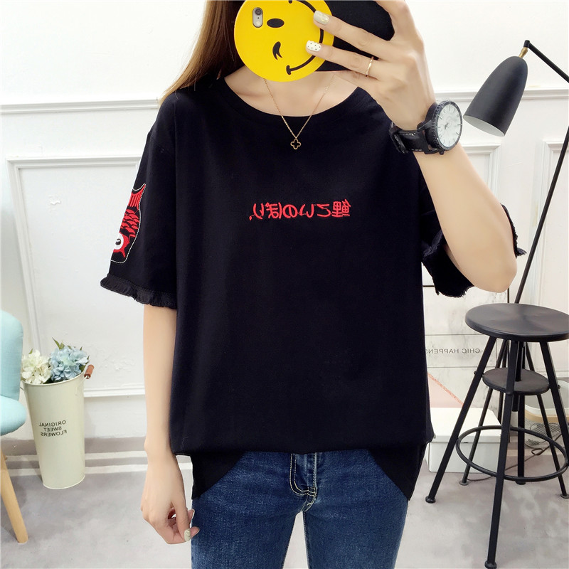 Super fat large size women's European large version T-shirt Women's large size short-sleeved loose V-neck ins top Women's fashion simple bf