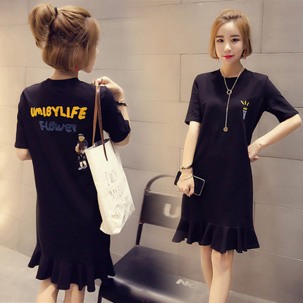 Large size dress female fat mm2019 new women's long T-shirt skirt short sleeve medium and long version fairy skirt 200 pounds