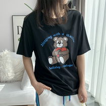 Black Pure Cotton Short Sleeve T-shirt Woman Summer 2022 New Jersey Undershirt Small Bear Round Collar Mid Half Sleeve Compassionate Blouse