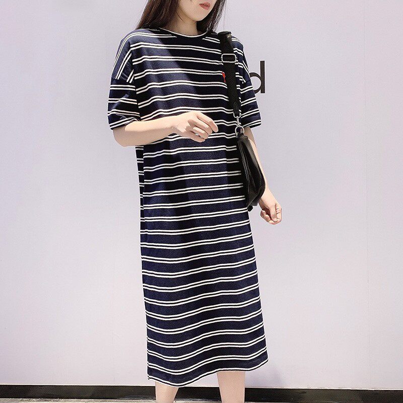 Zhangqing striped dress women's 2022 new spring and summer loose and thin large size mid-length cotton T-shirt skirt