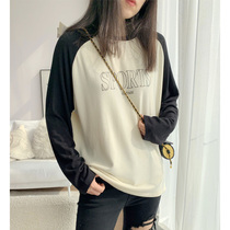 Black splice long sleeve T-shirt woman 2022 Spring autumn new loose letter round collar student hit undershirt for a ride