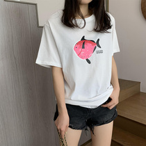 White Pure Cotton T-Shirt Woman Short Sleeve Summer 2022 New Loose Cartoon Printed Half Sleeve Round Collar Blouses