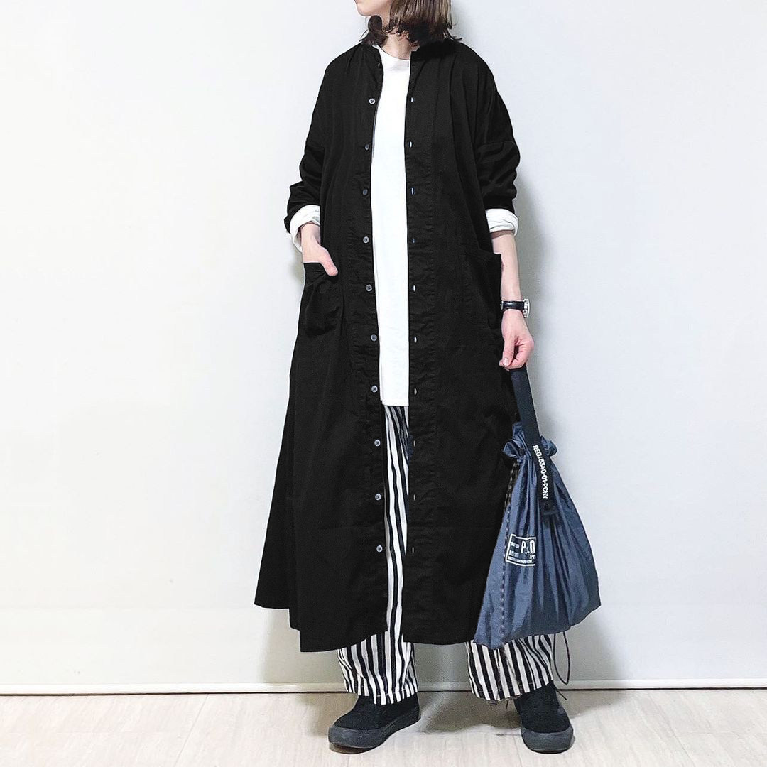 Chen Xiaoman 2021 black cotton satin workwear style stand-up collar over-the-knee autumn dress casual long coat windbreaker