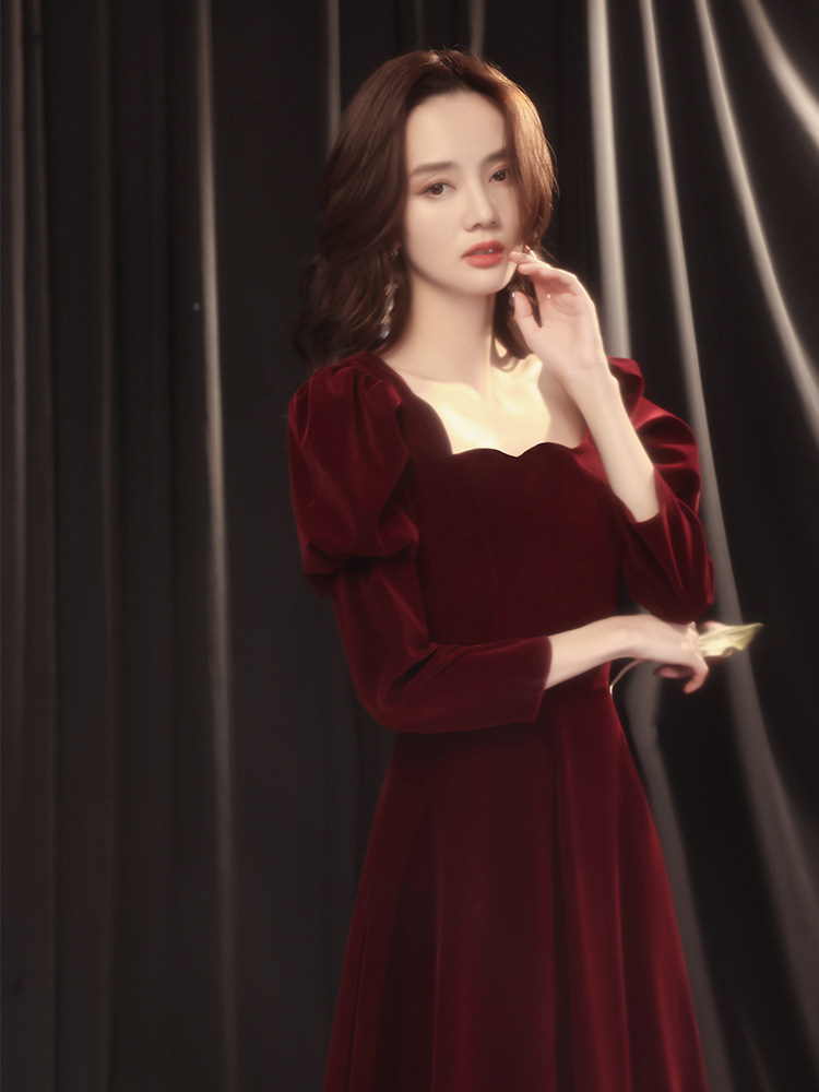 Toasting Bride Velvet 2021 New Wine Wedding Evening Dress Dress Temperament Long Sleeve Autumn Usually Wear