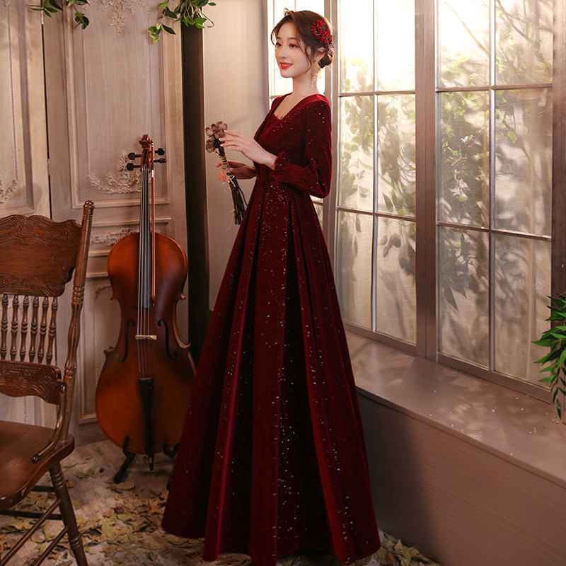 Bride toast wine red long sleeve high-sleeve spring engagement dress dress female engaged velvet home