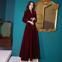 Toast Bride 2021 New Autumn Red Wedding Long Sleeve Temperament Banquet Evening Dress Dress Women Velvet Thick