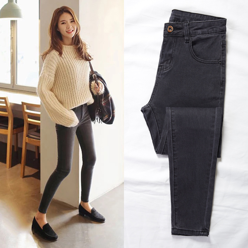 2019 Autumn Winter New Tobacco Grey Jeans Women 90% Plus Suede Thickened Korean Version slim and high waist tight with small feet