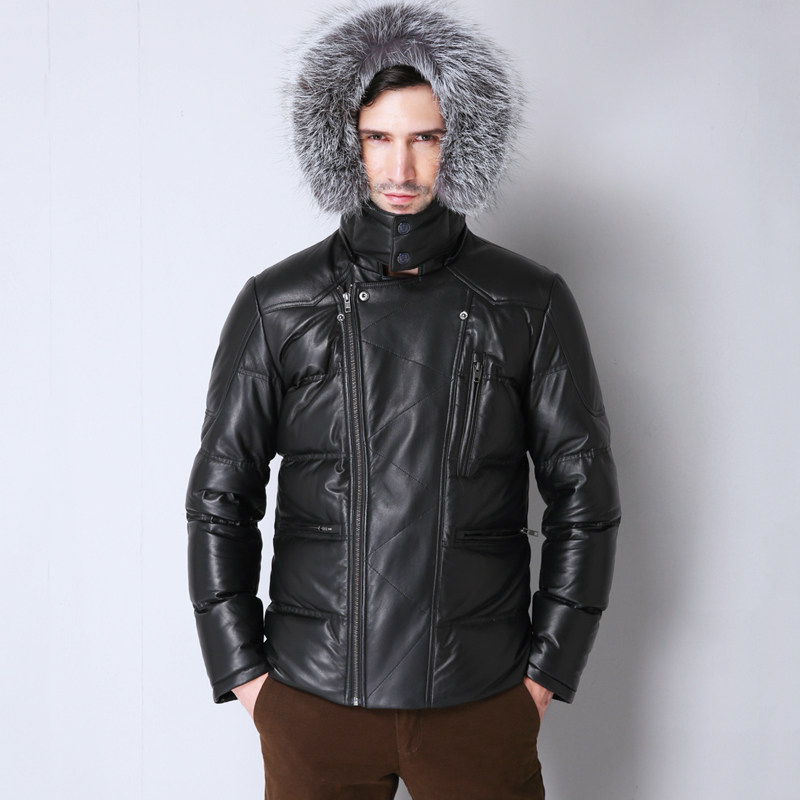 French leather down jacket men's thickened Korean version of the slim-fit genuine leather jacket men's leather jacket oblique zipper fur collar coat