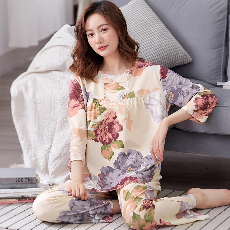 Mordale Pyjama nữ mùa xuân rơi dài tay áo Thêm Loose Summer Slim Trung niên Mom Homewear Set