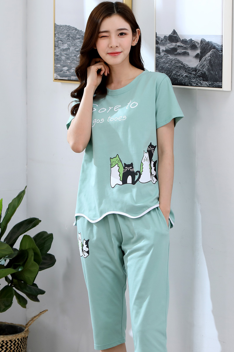 Pajama cô gái mùa hè phù hợp với bông tay áo ngắn quần bảy điểm hai mảnh quần mỏng mùa hè lỏng nhà quần áo có thể mòn