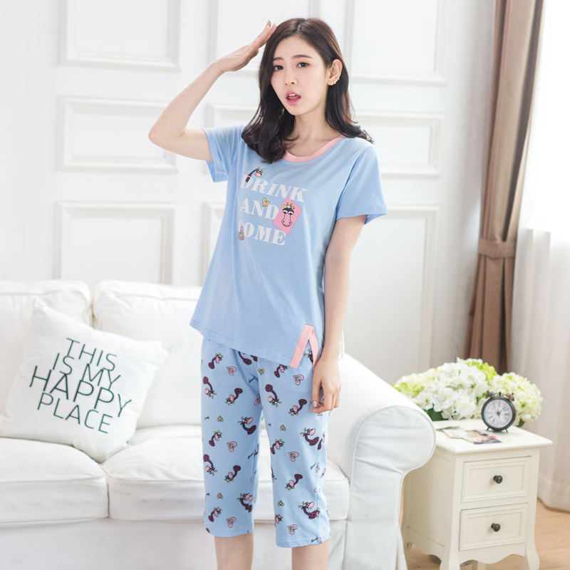 Pajama cô gái mùa hè phù hợp với bông tay áo ngắn quần bảy điểm hai mảnh quần mỏng mùa hè lỏng nhà quần áo có thể mòn