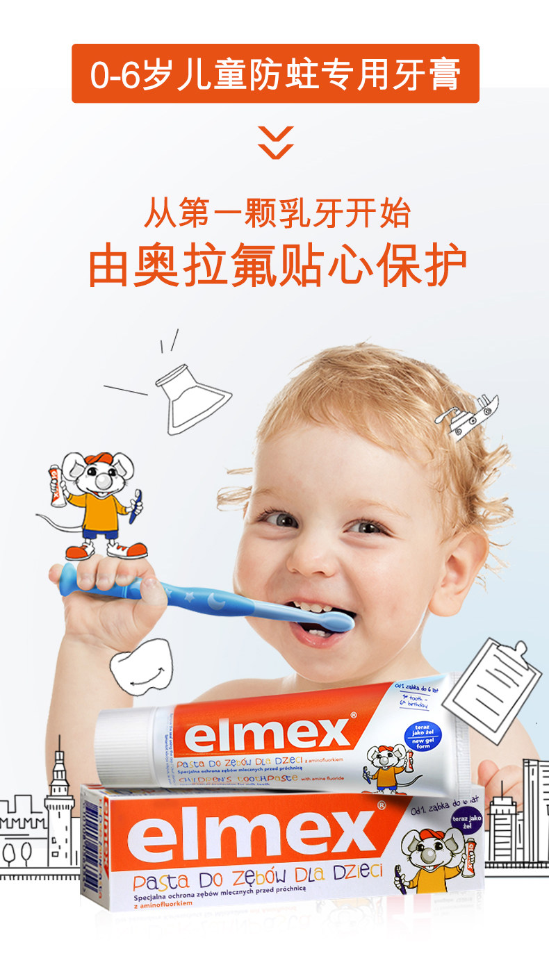 欧洲进口 Elmex 艾美适 儿童洁齿专效防蛀乳牙牙膏 61g*2支 天猫优惠券折后￥59.8包邮包税（￥99.8-40） 0-6岁、 6-12岁可选