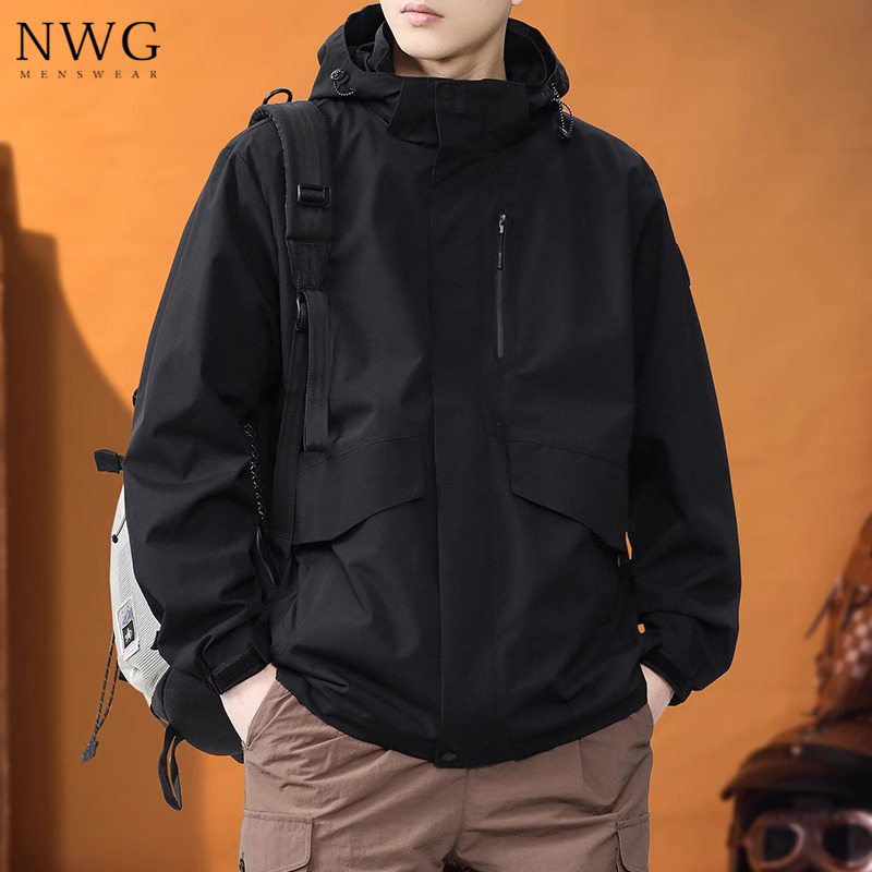 スリーインワンジャケットメンズ春秋新作アメリカンルーズフード付きワークウェアジャケットメンズカジュアル登山服
