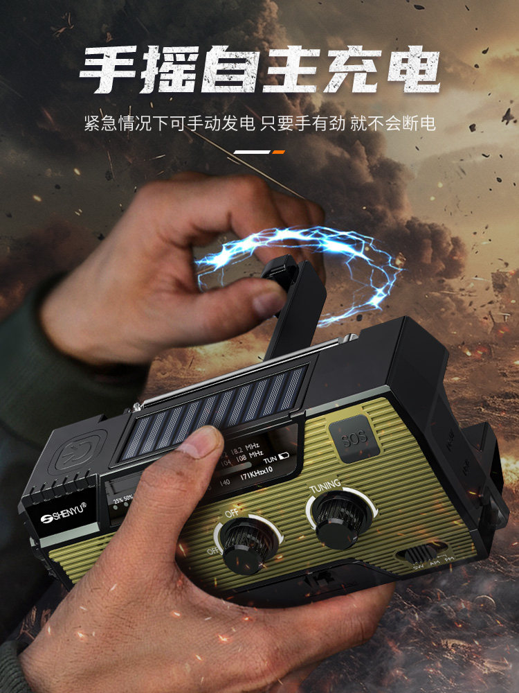 Solar-Powered Emergency Hand-Crank Radio, Disaster Prevention and Combat Readiness, Multi-Functional Power Bank, Flashlight, Doomsday Survival Kit