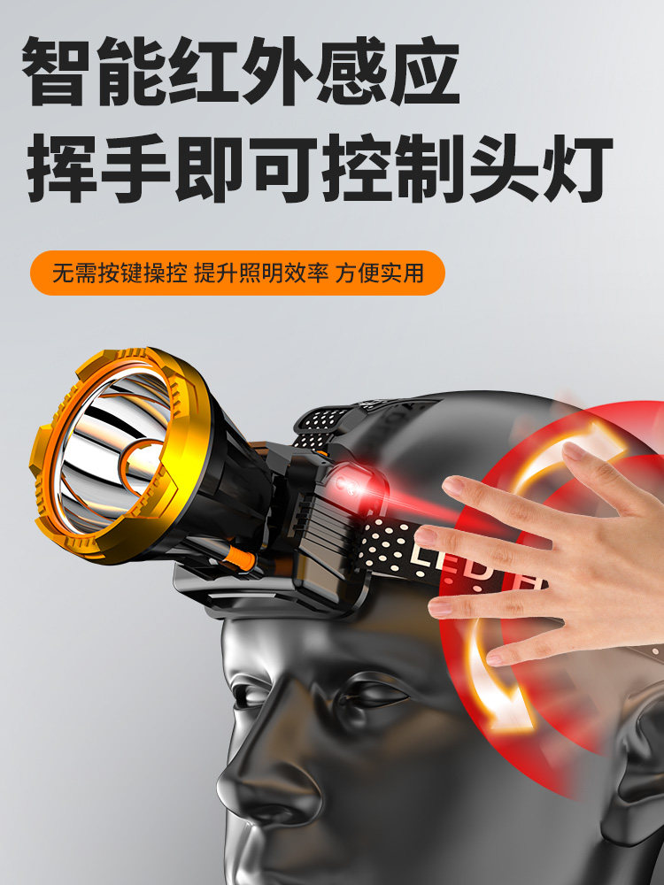 Headlamp, Head-Mounted, Strong Light, Rechargeable, Ultra-Bright, Special for Fishing, Ultra-Long Battery Life, Lithium Battery Flashlight, Miner's Lamp, Sensor for Night Fishing