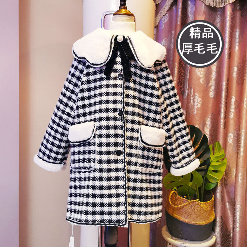 Girls thickened foreign style houndstooth plaid coat 2022 new Korean version winter children's clothing plus fluffy woolen coat